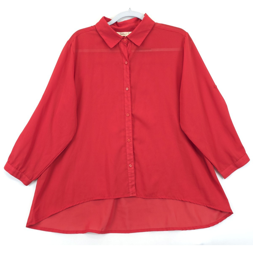 Saloni Too Top Sheer Button Up High Low Chiffon Women‎ 2X Red Office Overlay